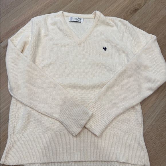 Vintage Medium Christian Dior Men's Cream V-Neck Sweater